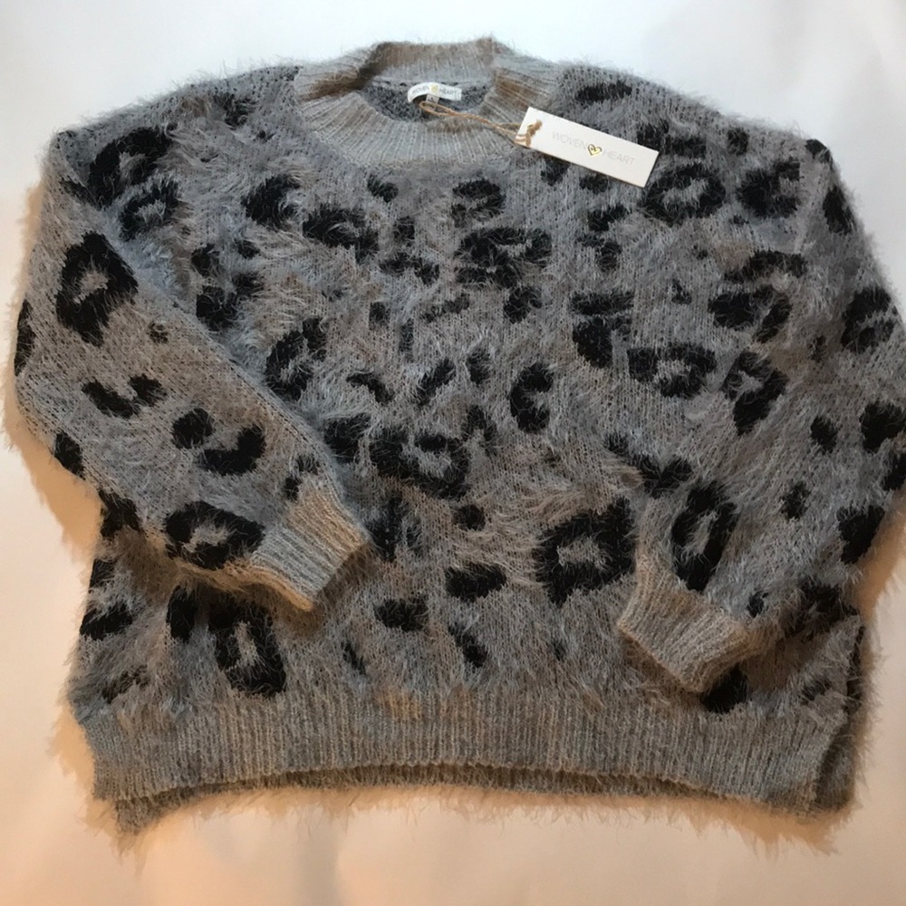 Fuzzy cheetah crew neck sweater